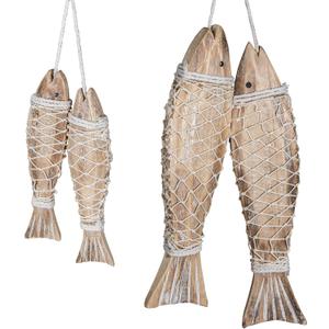 4 Packs Wooden Fish Sculpture for Wall Art, Nautical Hand Carved Wood Fish Decor with Fishing Net for Lake House Beach Theme Wall Home Decoration (Natural, Wood)
