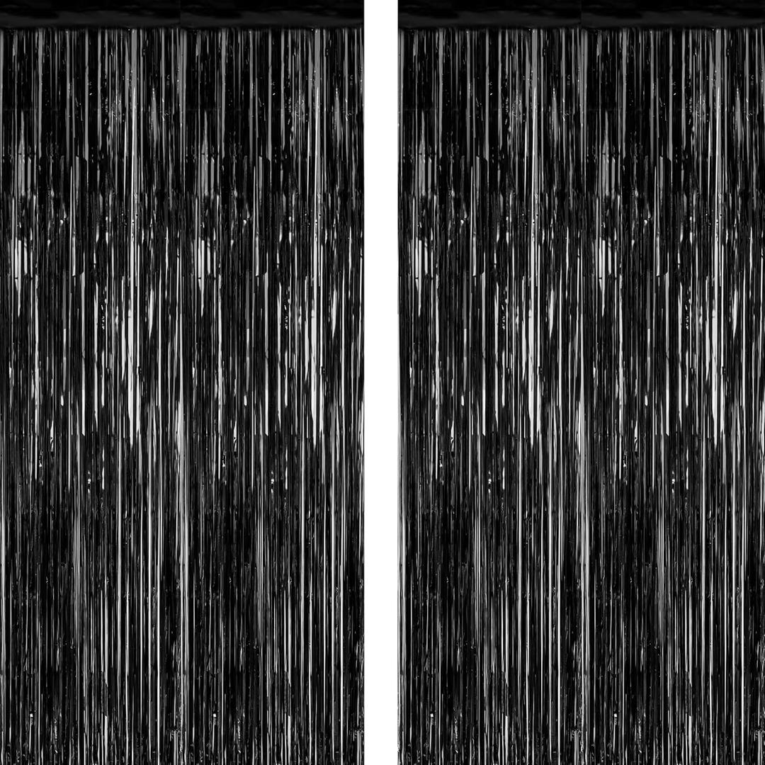 2 Pack 2026 Graduation Party Decorations, 3.28 FT x 7.05 FT Black Backdrop, Metallic Halloween Decorations Photo Backdrop Fringe Curtains Tinsel Backdrop Foil Streamer, Grad Party Supplies