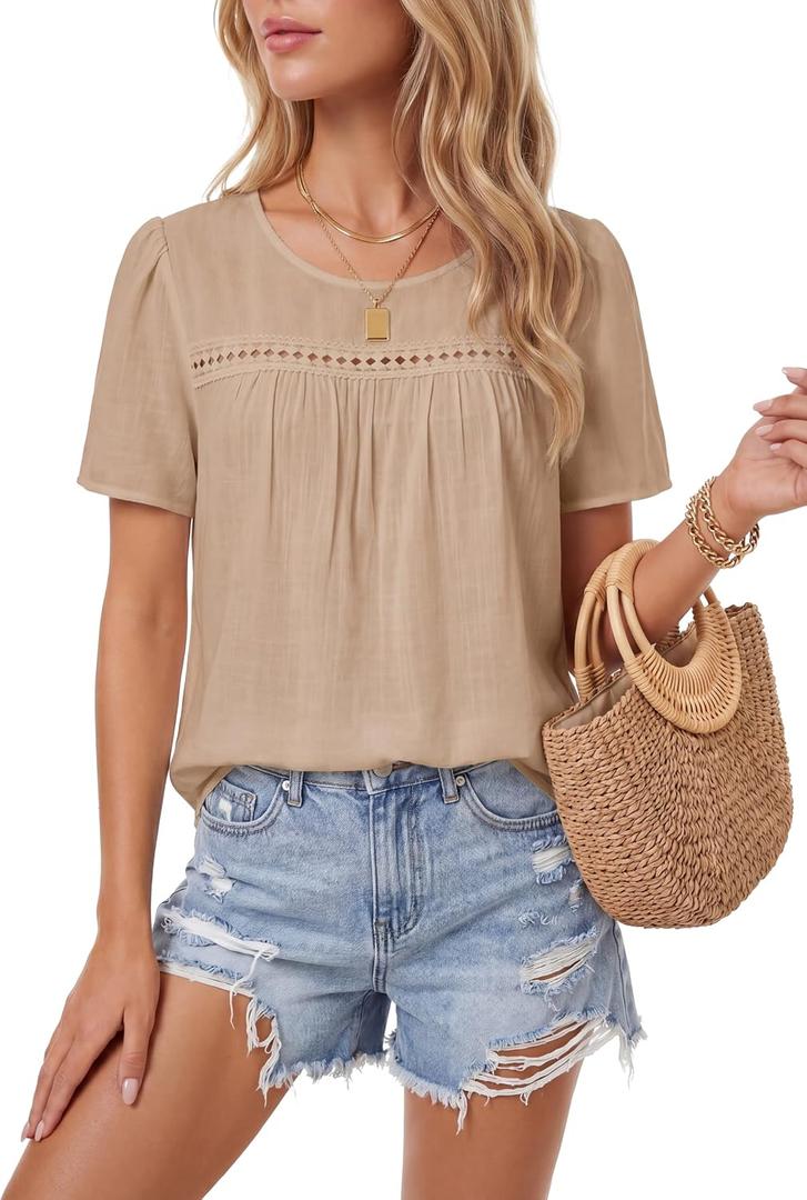 Vrtige Women's Tops Lace Crochet Boho Blouses Short Sleeve Crewneck Casual Flowy Eyelet Shirts (S)