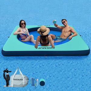 Inflatable Dock Floating Platform with Mesh, Heavy Duty Water Hammock Floats Floating Ring, Tanning Pool Hammock Inflatable Raft Mat Lake Floats for Adults Ocean (8ft x 8ft Hammock, Mint Green+Navy Blue)