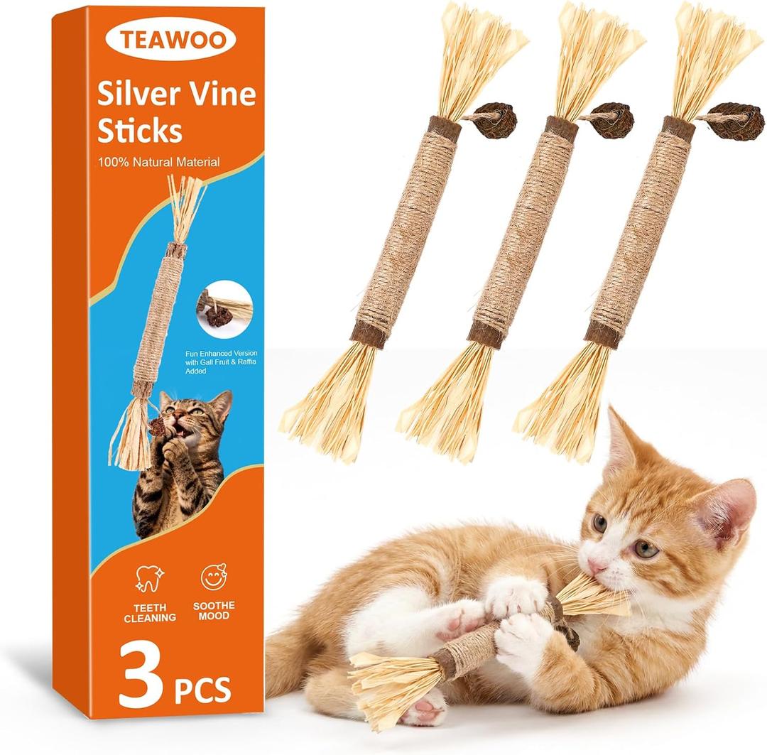 2 x TEAWOO 3 Pcs Natural Silvervine Sticks Cat Toys, Catnip & Matatabi Blend Dental Chew Toys, Teeth Cleaning Kitty Toys for Indoor Cats & Kittens, Edible Chew Sticks for Aggressive Chewers