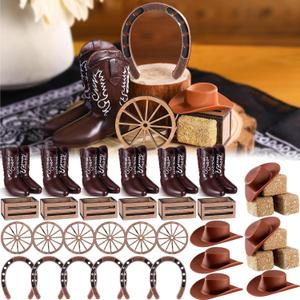 Janinka 36 Pcs Western Cowboy Centerpieces for Table Mini Cowboy Wild West Party Decor Including Mini Horseshoes Hats Boots Wood Crates Hay Bales and Wheels for Western Wedding Birthday Party