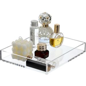 DINGHUO Acrylic Bathroom Tray, Clear 9.45x7.09x1.38in, Rectangular Perfume Tray for Soap, Candle, Makeup, Organizer, Modern Style