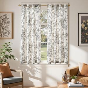 jinchan Linen Floral Tier Curtains 54 Inch Farmhouse Botanic Cafe Curtains Light Filtering Drapes for Small Windows Back Tab Half Window for Kitchen Living Room Bathroom 2 Panels Black