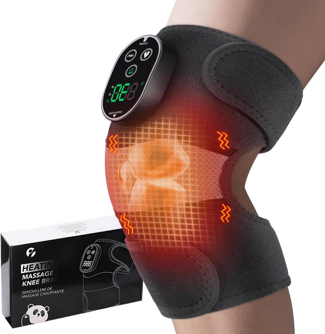 Heated Knee Massager, Knee Heating Pad for Knee Pain Relief, Cordless Knee Massager with Heat and Vibration, Heating Pad for Knee Shoulder Elbow, Knee Brace Knee Warmers Stress Relief (Black White)