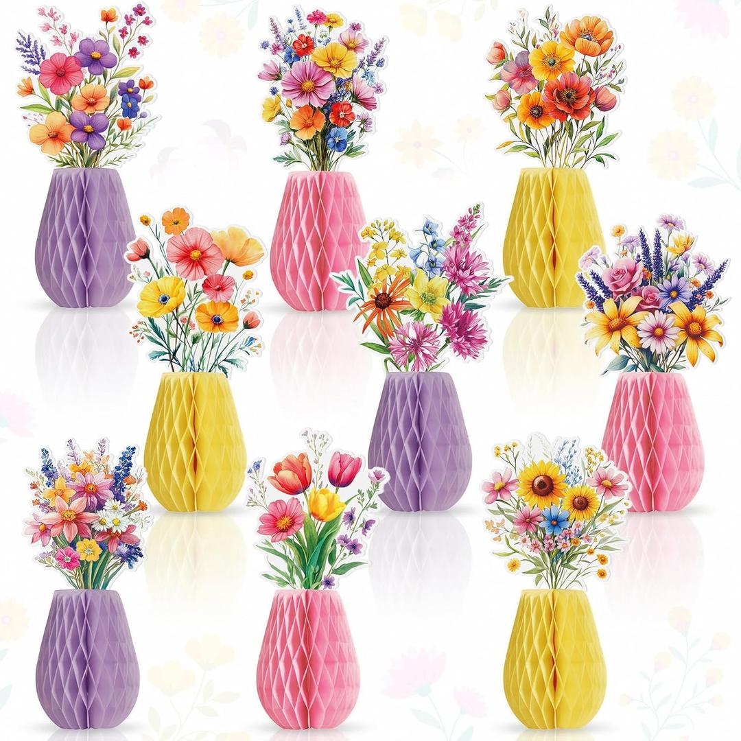 9 Pcs Wildflower Honeycomb Table Centerpieces Wildflower Birthday Party Decorations Spring Floral Table Centerpieces Paper Honeycomb Decor for Birthday Baby Shower Supplies Office
