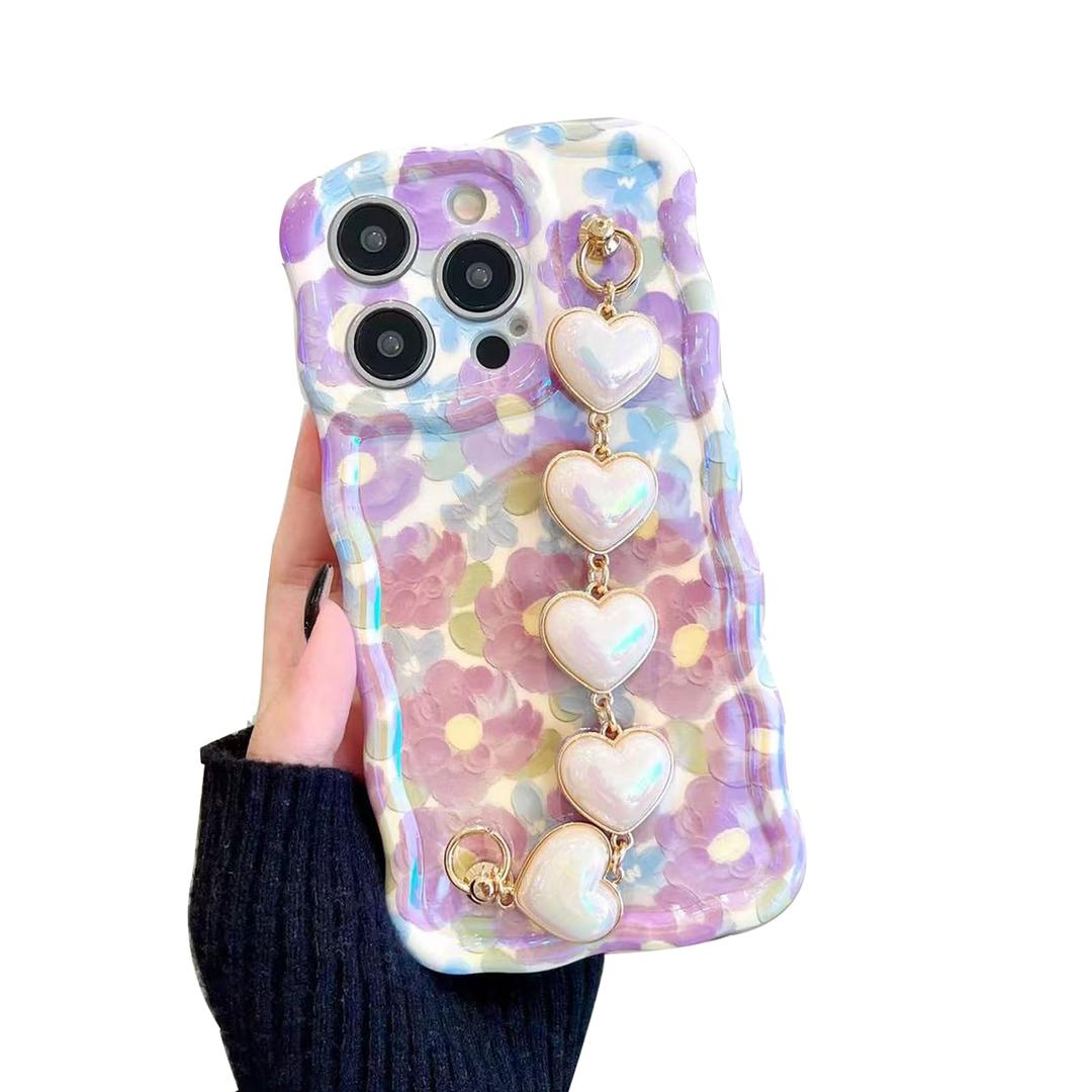 Pretaco Compatible with iPhone 13 Pro Max Case Soft TPU Sparkling Purple Flower Oil Painting, with Luxury Heart Bracelet, Fashionable Wave Edge Shape, Drop and Shock Resistant, for Women and Girls