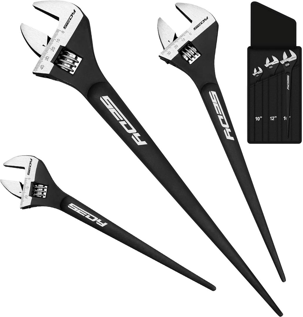 3-Piece Adjustable Spud Wrench Set, 10-inch, 12-inch, 16-inch, SAE and Metric Scale Marked, CR-V Steel with Black Oxide Finish