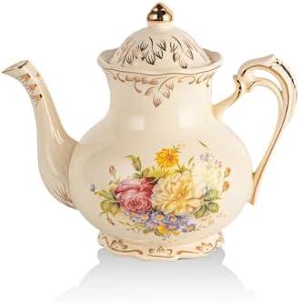 YOLIFE Flowering Shrubs Teapot, 25 OZ/ 3 Cup Ivory Vintage Porcelain Tea Pot with Infuser, Floral Teapot with Gold Leaves Trim Design