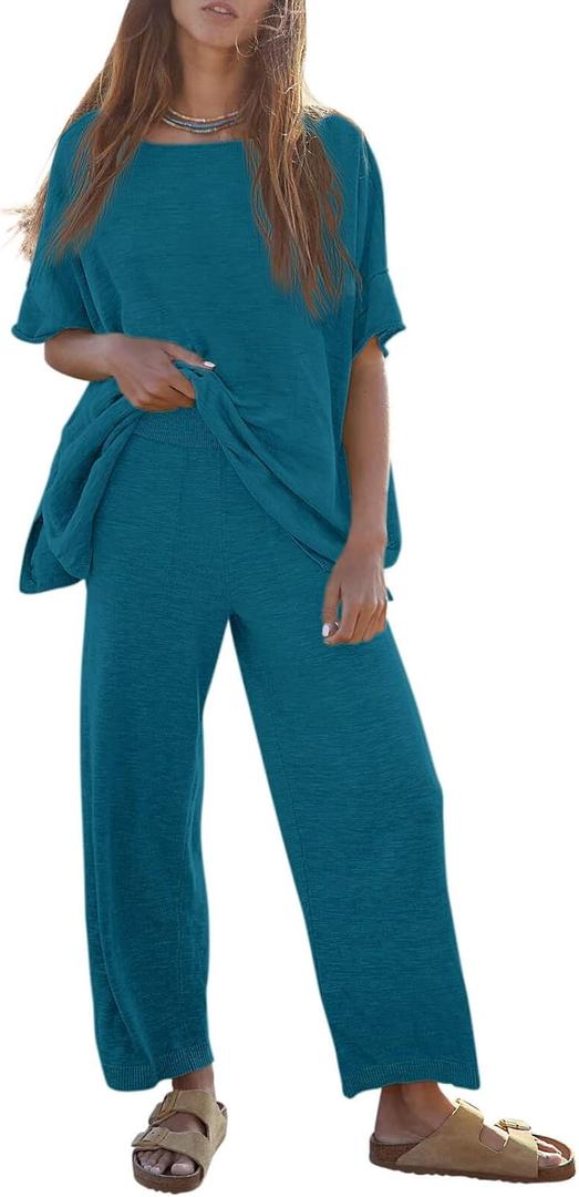 Tankaneo Women's 2 Piece Travel Outfits Casual Short Sleeve Knit Sweater Set Wide Leg Pants Lounge Sets Tracksuit (Small, Lake Blue)
