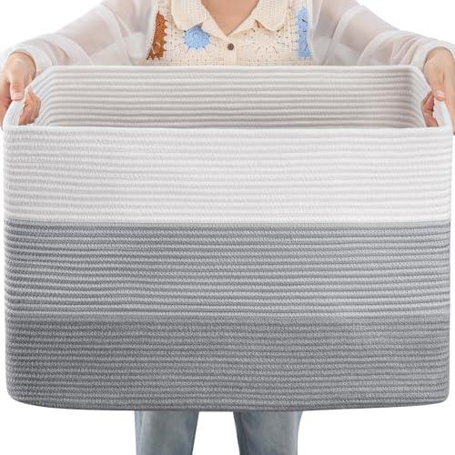 OIAHOMY 108L Large Cotton Rope Basket, Rectangle Woven Baskets for Storage, Nursery Blanket Storage Living Room, Toy Basket With Handle-25”x16”x16”-Gradient Grey