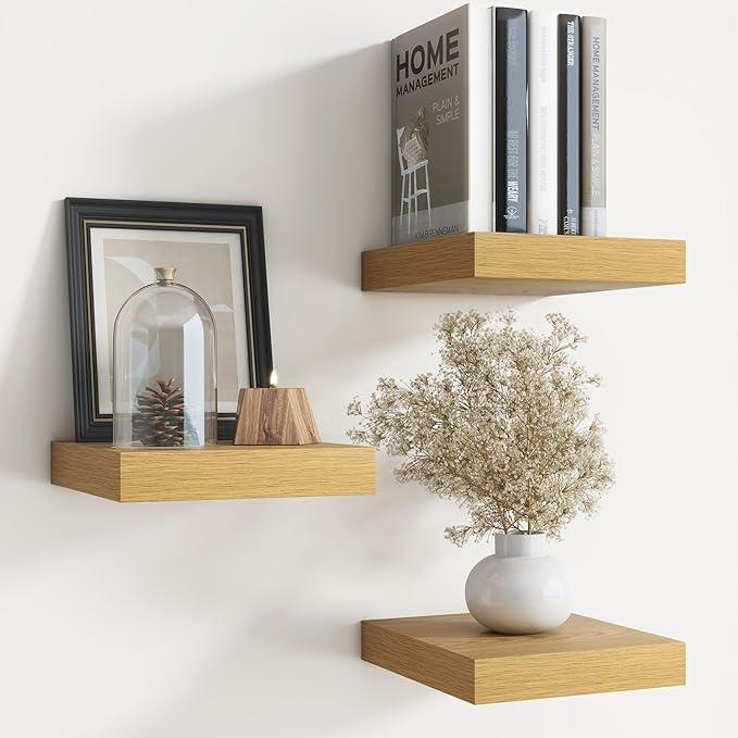 Floating Shelves for Wall with Invisible Brackets, Wall Mounted Engineered Wood Shelves with Wood Grain for Living Room, Bedroom, Bathroom, Kitchen Decor and Storage, Oak, 8"L Set of 3, Oak