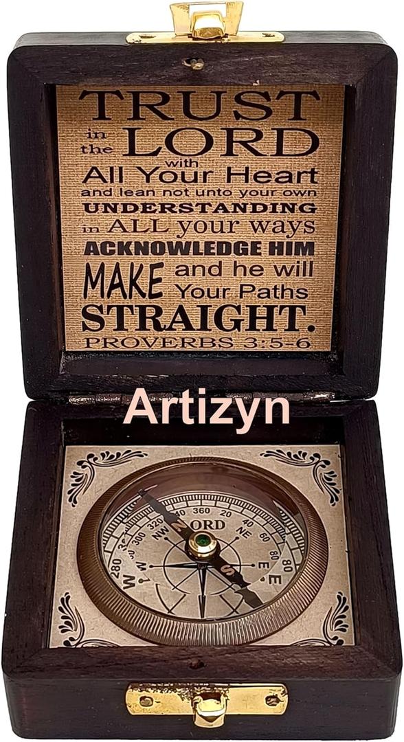Trust in The Lord with All Your Heart Proverbs 3: 5-6 Quote Religious Compass with Wooden Box, Graduation Day Gifts, Baptism, Confirmation & Communion Compass for Men & Women, Greeting Card Included