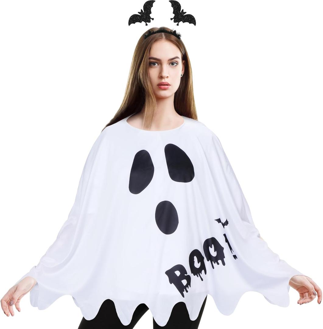 Ramede 2 Pcs Halloween Costume Set for Women Include Poncho with Funny Headband for Cosplay Party (Ghost Style, White)