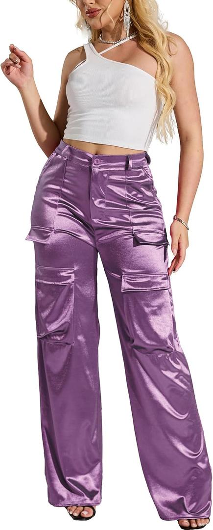 Women's High Waisted Satin Cargo Pants Loose Fit Wide Leg Trousers with Pockets Trendy Outfit (XX-Large, 13 Light Purple)