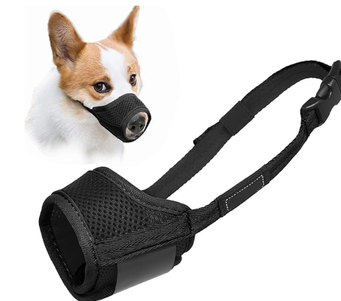 LUCKYPAW Dog Muzzle Anti Biting Barking and Chewing with Comfortable Mesh Soft Fabric and Adjustable Strap, Black, Small