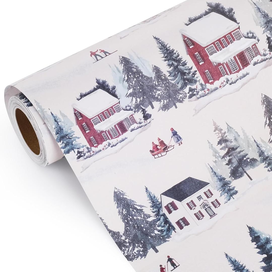 Aimyoo Christmas Wrapping Paper - 17 Inch x 32.8 Fee Mini Roll - Winter Town & Green Trees Design for Welcome-home Gift Wrap