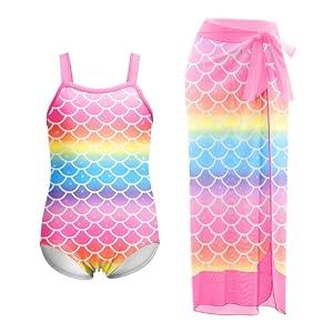 LQSZ Girls One Piece Swimsuit with Cover Up Beach Skirt Set Two Piece Bathing Suit Swimwear 3-12 Years