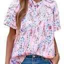 MASCOMODA Womens Tops Summer Boho Floral Short Sleeve Button Down Shirts Crewneck Loose Vacation Dressy Casual Work Blouses (Floral Pink Multicolored,Medium)