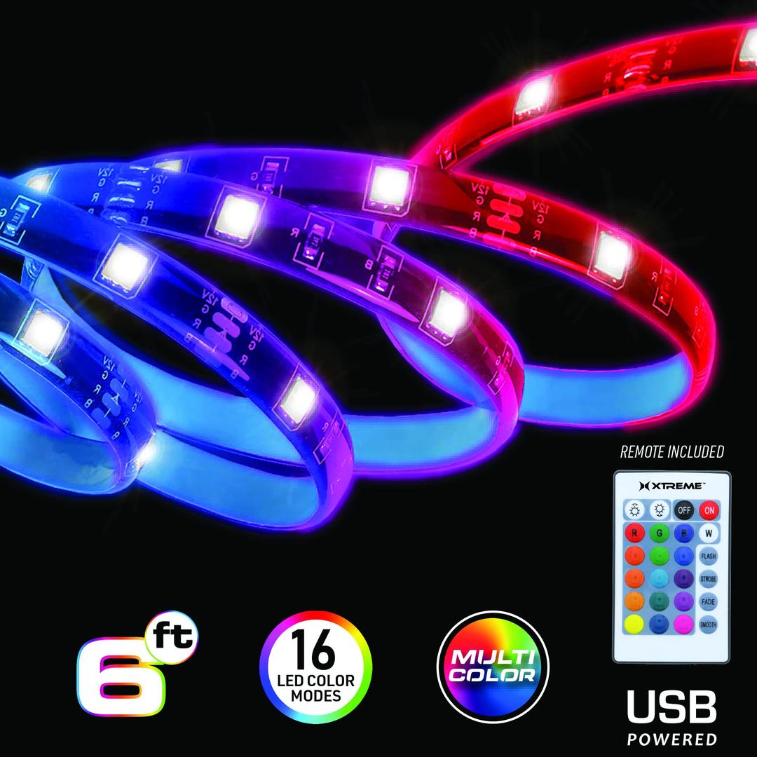 6ft Multicolor LED Strip, Customizable with Remote, 16 Color and 4 Modes, Ideal for Device Backlighting, USB-Powered from Items/Wall Adapter, Peel and Stick Installation