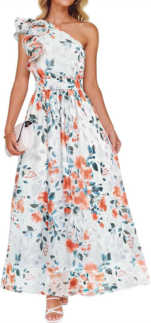 ZESICA Women's 2026 Summer Floral Sleeveless Maxi Dress Ruffle One Shoulder High Waist Boho Beach Wedding Guest Long Dresses (White, Small)