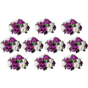 BLOSMON Flower Balls Wedding Rose Centerpieces: 10 Pcs Fake Flowers with Base Kissing Balls Decor Purple&White Artificial Floral Arrangements Flower Bouquet of Roses Home Party Table DIY Decorations