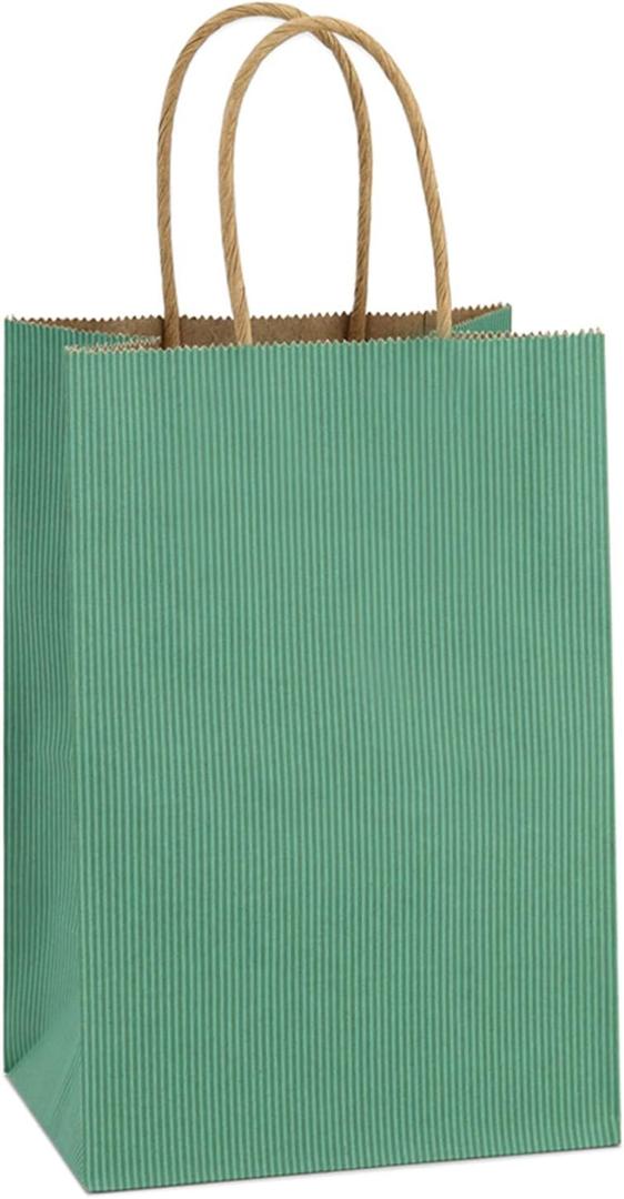 BagDream Kraft Paper Bags 100Pcs 5.25x3x8 Inches Small Kraft Gift Bags with Handles Bulk, for Shopping, Party Favor, Retail, Merchandise, Business, Green Striped Paper Sacks
