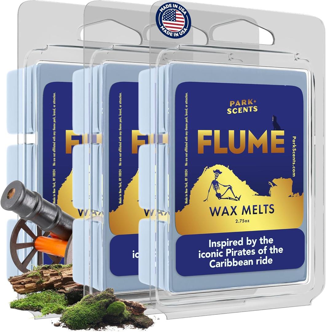 Park Scents Flume Scented Candle Wax Melts – Theme Park Melting Wax Cubes with Strong Scent of Smoky Cannon Fire, Ozone, Bromine-Treated Water, Fog, Damp Woods – Vegan Soy Made in USA (3-Pack)
