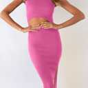 PRETTYGARDEN Women's Summer Midi Bodycon Dresses Casual Crew Neck Side Slit Sleeveless Knit Cut Out Tank Top Dress (Pink, L)