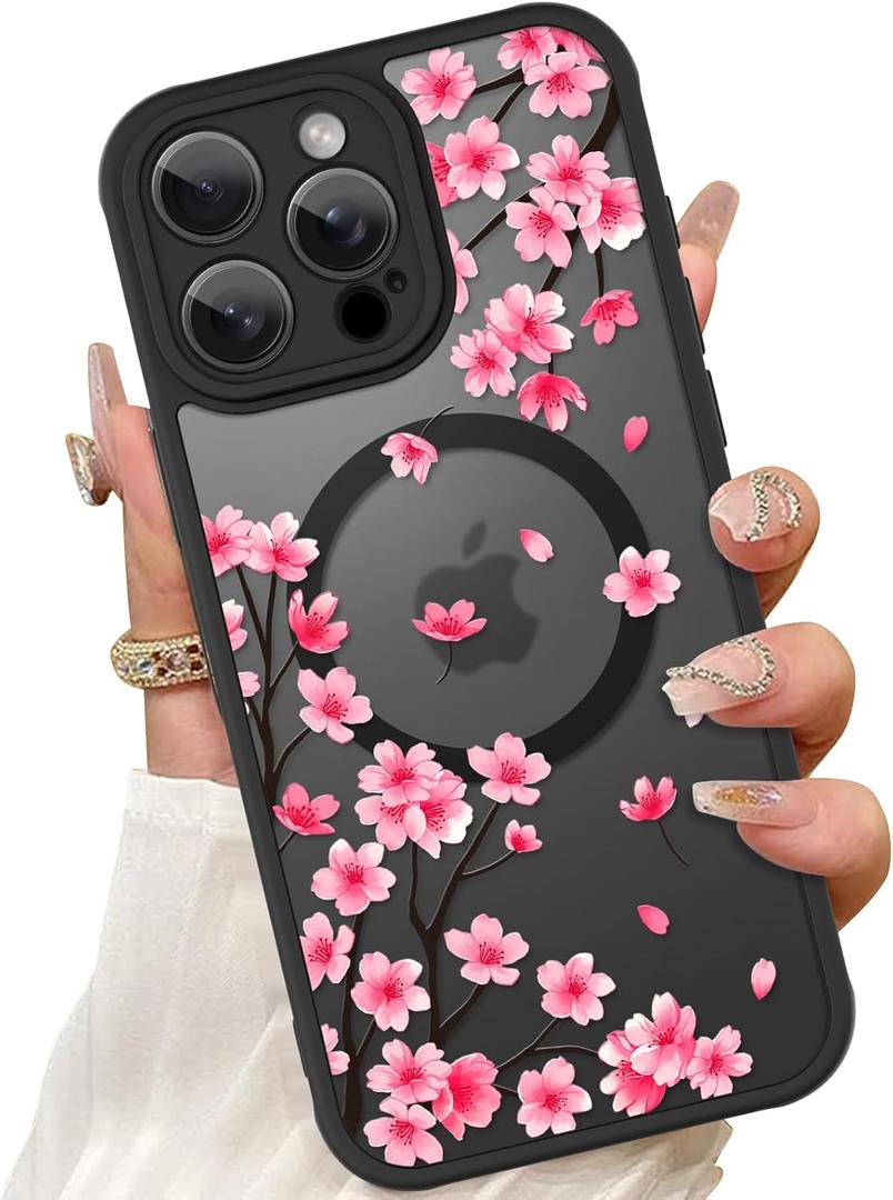ZIYE Magnetic Case for iPhone 15 Pro 6.1 Inch [Compatible with MagSafe] Hard PC and Soft TPU Case with Cherry Blossom Pink Floral Anti-Scratch Shockproof Protection Phone Cover for Women