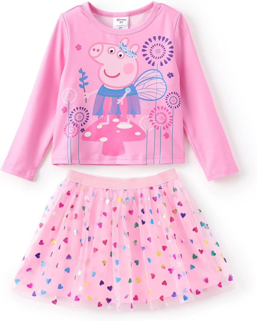Peppa Pig Girls Skirt Sets Long Sleeves Top Shirt and Skirt Fall Outfits Cute Clothing Sets for Birthday Party Toddler Girl (3-4T, Pink-1)