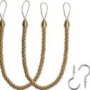 BEL AVENIR Curtain Ropes Tiebacks Tie-Backs, Curtain Handmade Holdbacks with 2 Metal Screw Hooks - Golden 2 Pack