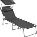 SONGMICS Sun Lounger, Patio Chaise Lounge Chair, Folding, with Canopy, 76 x 20.9 x 11.4 Inches, Holds 330 lb, Headrest, Adjustable Backrest, Outdoor Garden Pool, Dark Gray UGCB19UV1, 193 X 53 X 29 Cm