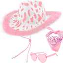 Cow Print Cowboy Hat with Feathers, Heart Sunglasses and Bandana for Women Western Party Cowgirl Costume Accessory (Pink & White)