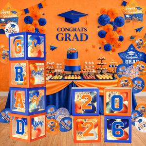 Graduation Decorations Class of 2026 - Orange and Blue Graduation Decorations - Balloons Boxes with Letters 2026 GRAD So Proud of You, Congrats Grad Party Decorations for Any Grades