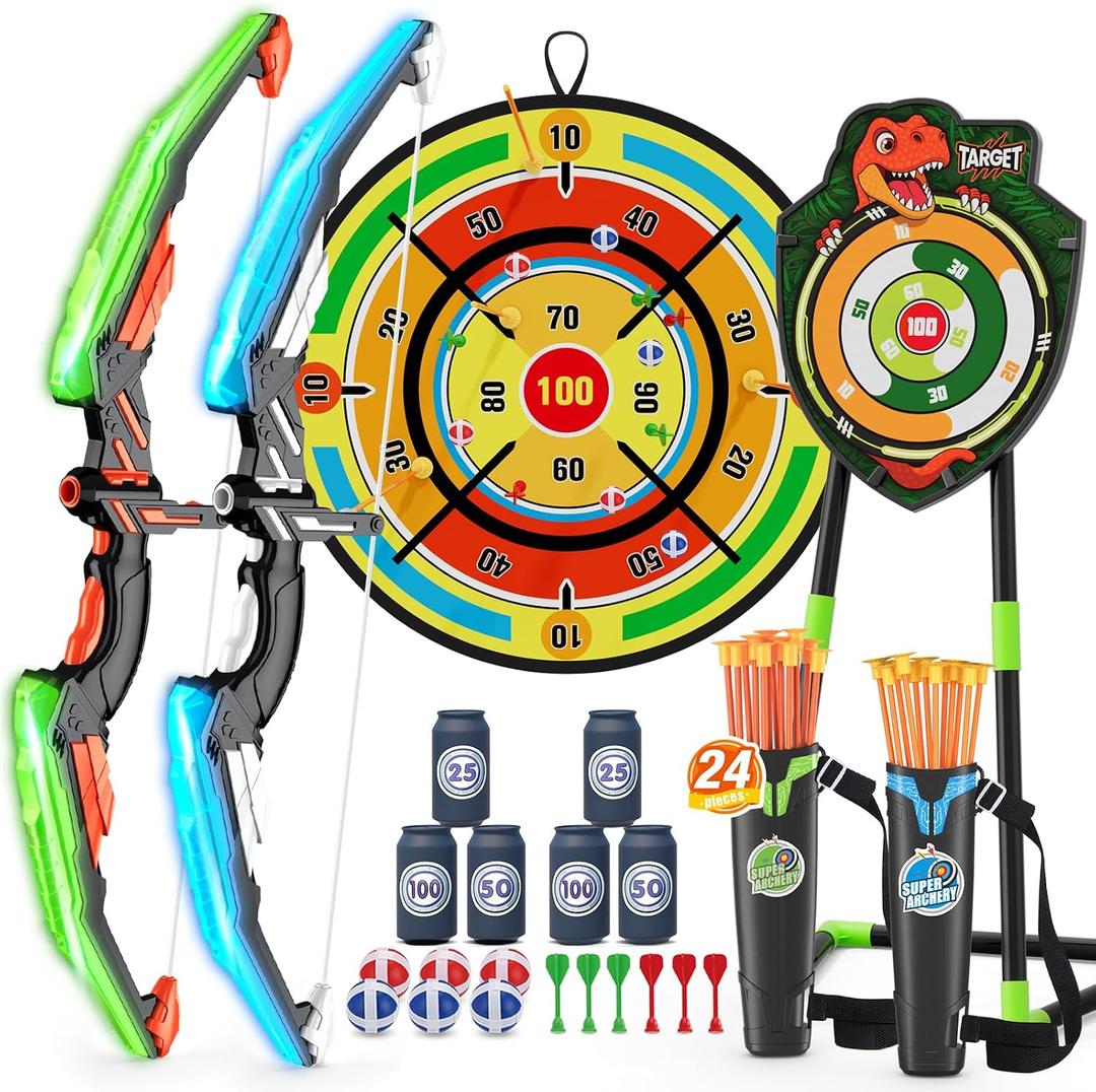 HYES 2 Pack Kids Bow and Arrow with 29" Large Dart Board, LED Light Up Archery Set with 24 Suction Cup Arrows, Indoor Outdoor Sport Toys Gifts for 3 4 5 6 7 8 9 10 11 12 Year Old Boys Girls, 2 pack-dartboard target