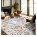 Area Rug 9x12 Washable Tangerine Vintage Traditional Mat Distressed Indoor Foldable Thin Retro Accent Floral Non Slip Carpet for Living Room Dining Room Office