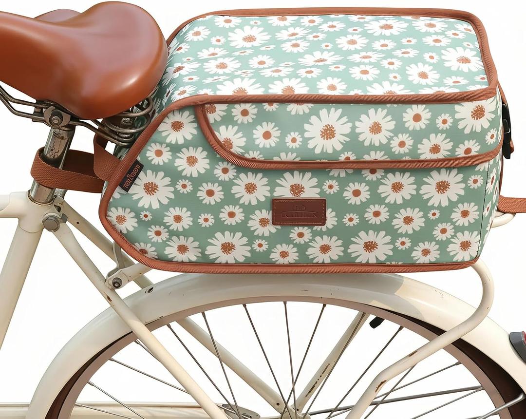 TOURBON Canvas Bicycle Pannier Bike Rear Rack Insulated Trunk Cooler Bag (Light Green with Flower)