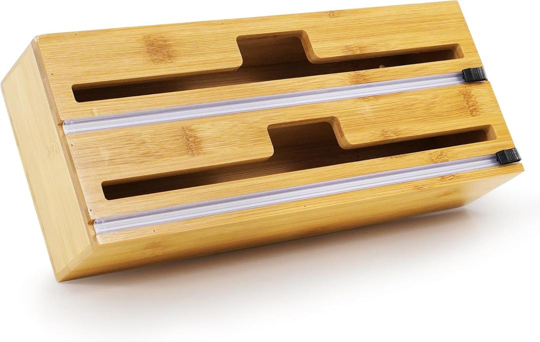 2 in 1 Wrap Organizer/Dispenser with Cutter, Plastic Wrap, Aluminum Foil and Wax, Bamboo Dispenser for Kitchen Storage Organization Drawer for 12" Roll (Natural)