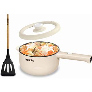 Dezin Electric Cooker, 2L Non-Stick Saut Pan, Rapid Noodles Cooker, Mini Pot for Steak, Egg, Fried Rice, Ramen, Oatmeal, Soup with Power Adjustment, College Dorm Room Essential (Round - B(Beige/without Steamer))