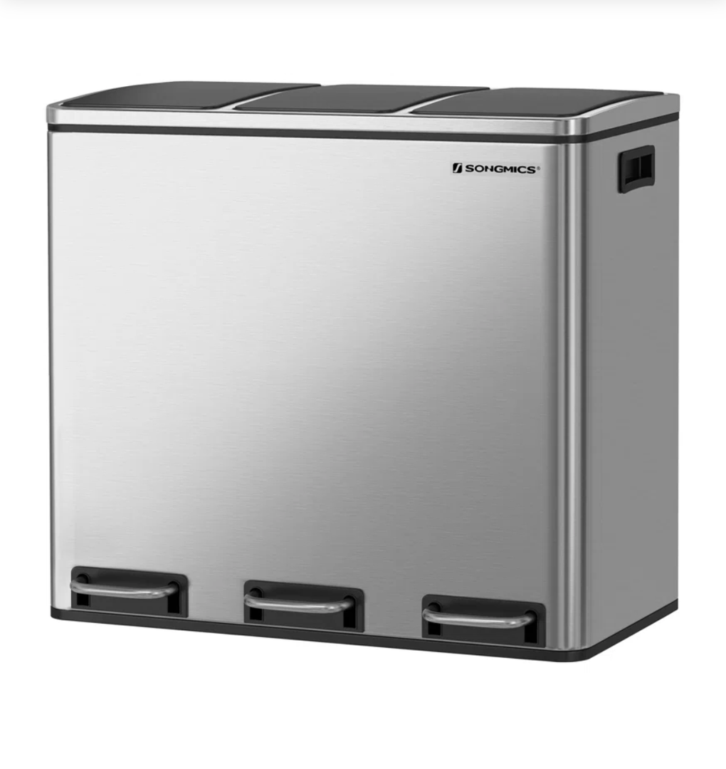 SONGMICS Trash Can, 3 x 4.8 Gallon Garbage Can, 14.4 Gallon Recycle Bin with Soft-Close Lids, Pedals, and Inner Buckets for Kitchen, Stainless Steel, Silver and Black ULTB54NL