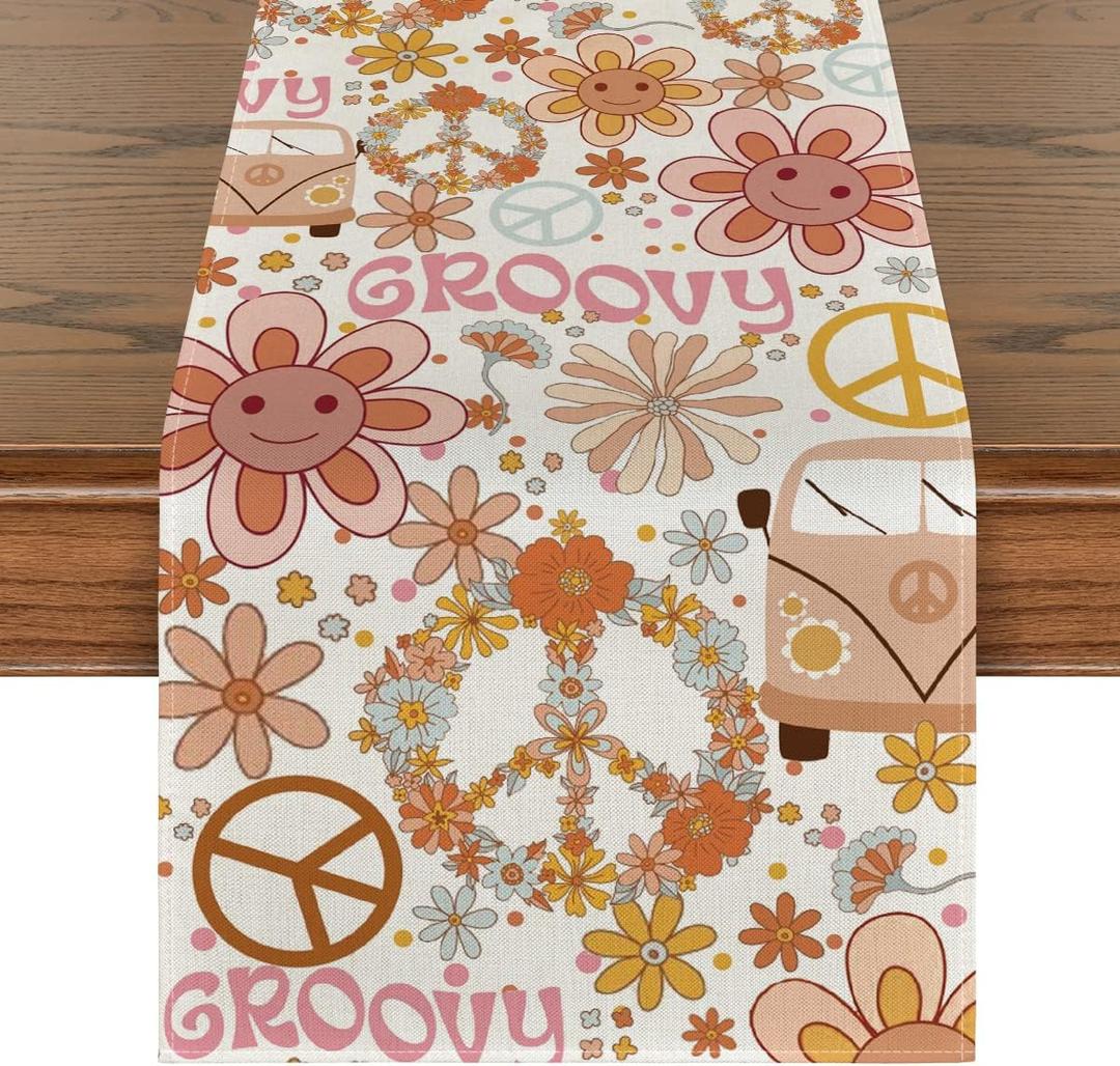 Artoid Mode Daisy Flower Peace and Love Table Runner, Wreath Float Groovy Kitchen Dining Table Decoration for Outdoor Home Party 13x72 Inch