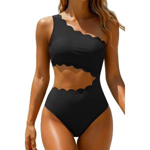 Women's One Piece Swimsuit- One Shoulder Bathing Suit Cutout Tummy Control Swimwear, Black, Medium