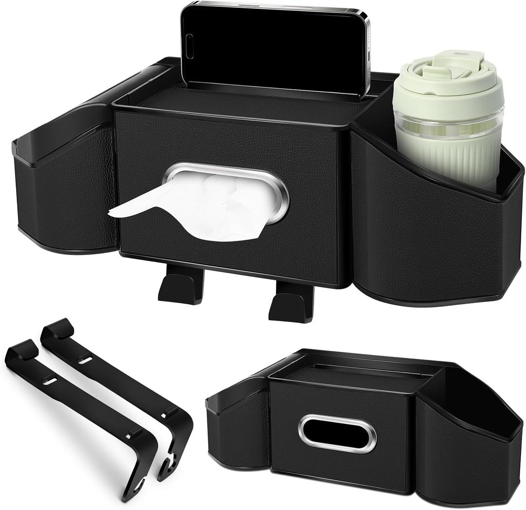 7-In-1 Car Seat Back Organizer with Cup Holders, Tissue Box, Garbage Can&Hooks, Multifunctional Headrest Storage Organizer, Headrest Cup Holder for Backseat, Car Accessories for Trips, Travels(Black)