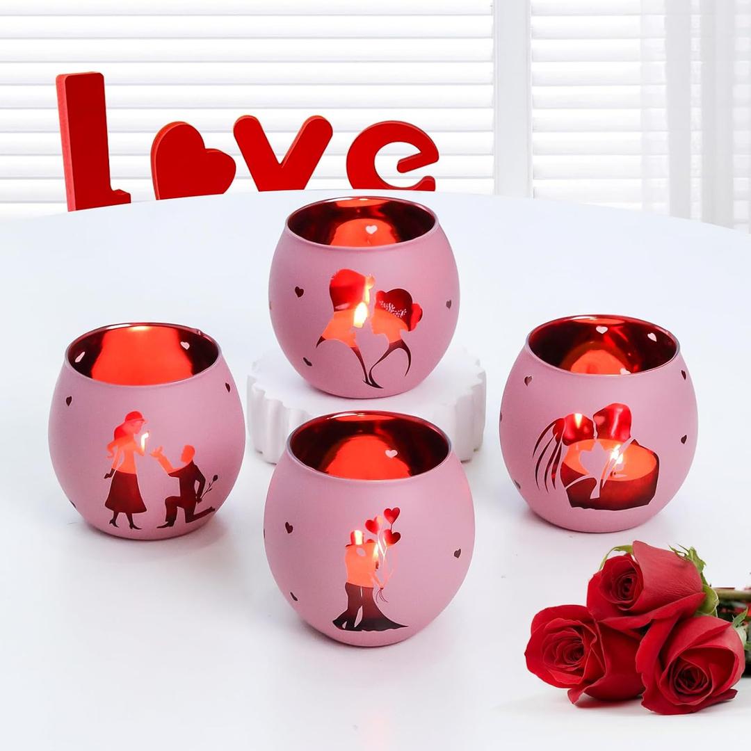Valentine's Day Gift 4PCS - Romantic Glass Tealight Votive Holders, Sweet Wedding Housewarming Gift for Couples, Anniversary & Engagement Party Decor