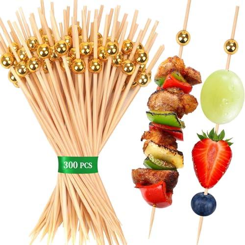 Cnnzdo 【Pack of 300】 Cocktail Picks For Appetizers, Charcuterie & Party - 4.7" Gold Bamboo Skewers, Fancy Toothpicks For Fruit, Drinks, Desserts, Sandwiches (Mini Pearl Food Garnboardish Sticks)