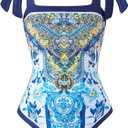 One Piece Bathing Suit for Women with Beach Cover up Wrap Skirt Swimsuit Sarong Retro Floral Print Bikini Set (Blue), XL