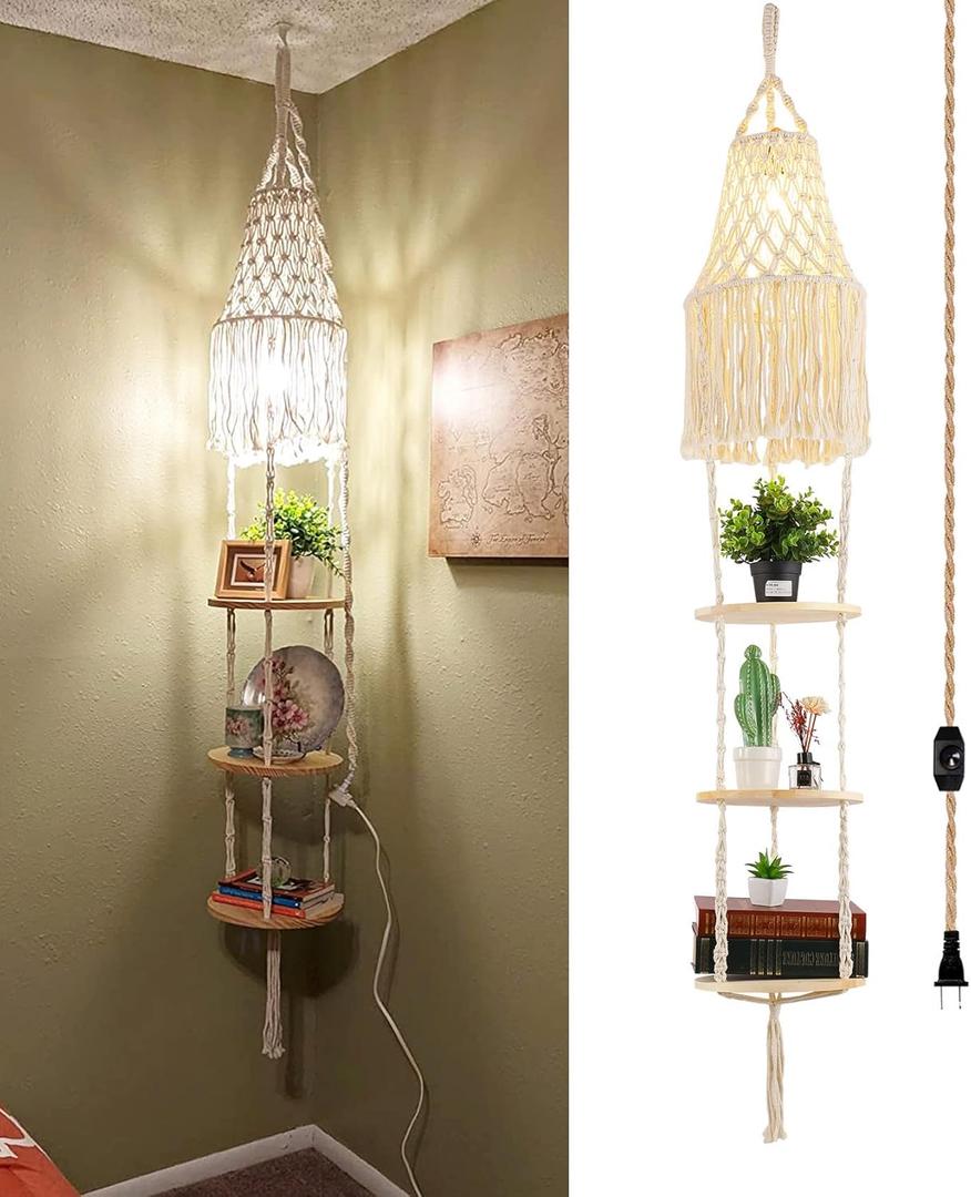 QIYIZM Boho Plug in Pendant Light Hanging Light with Plug in Cord,Dimmable Switch Hanging Lamp Macrame Lamp Shade and Plant Holder Shelf Indoor for Bohemian Decor Bedroom Corner Living Room