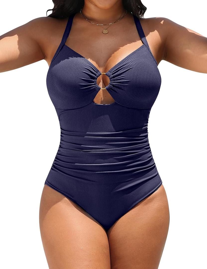 Blooming Jelly Womens One Piece Swimsuit Slimming Tummy Control Bathing Suit Shapewear Full Coverage Swim Suits (Large, Navy Blue)