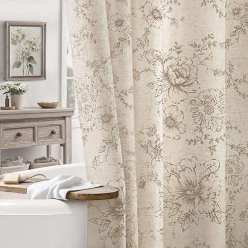 NDDYCU Farmhouse Floral Linen Shower Curtain, Vintage Tan Pattern Rustic Shower Curtains for Bathroom, Taupe, 72x72